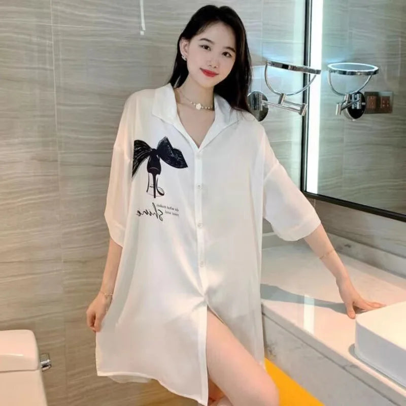Women's Casual Bowknot Pattern Nightgown With Lace Trim Lapel Plus Size Comfortable Home Clothes And Sleepwear For Summer