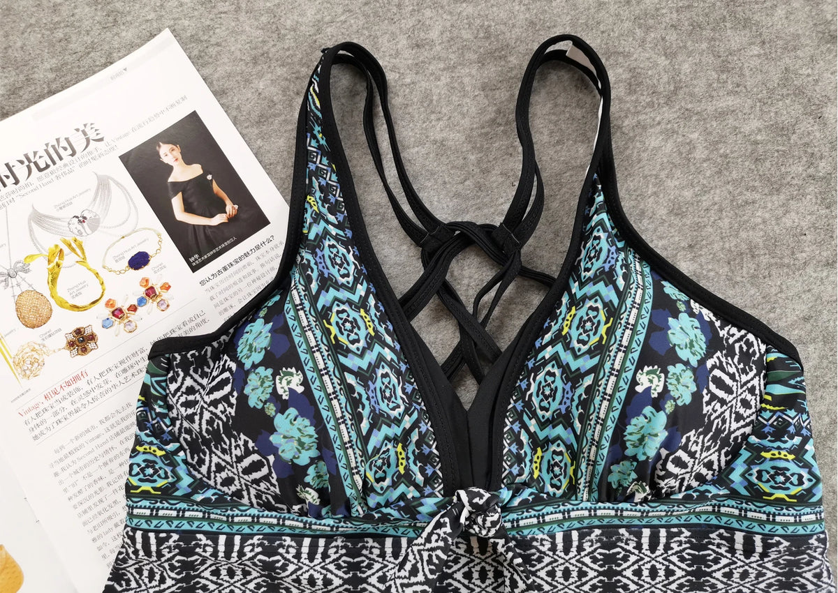DEKA Women Plus Size Tankini SetFloral Print Swimwear Push Up Two Piece Top+Shorts Sports Swimsuit Beachwear Bathing Suit