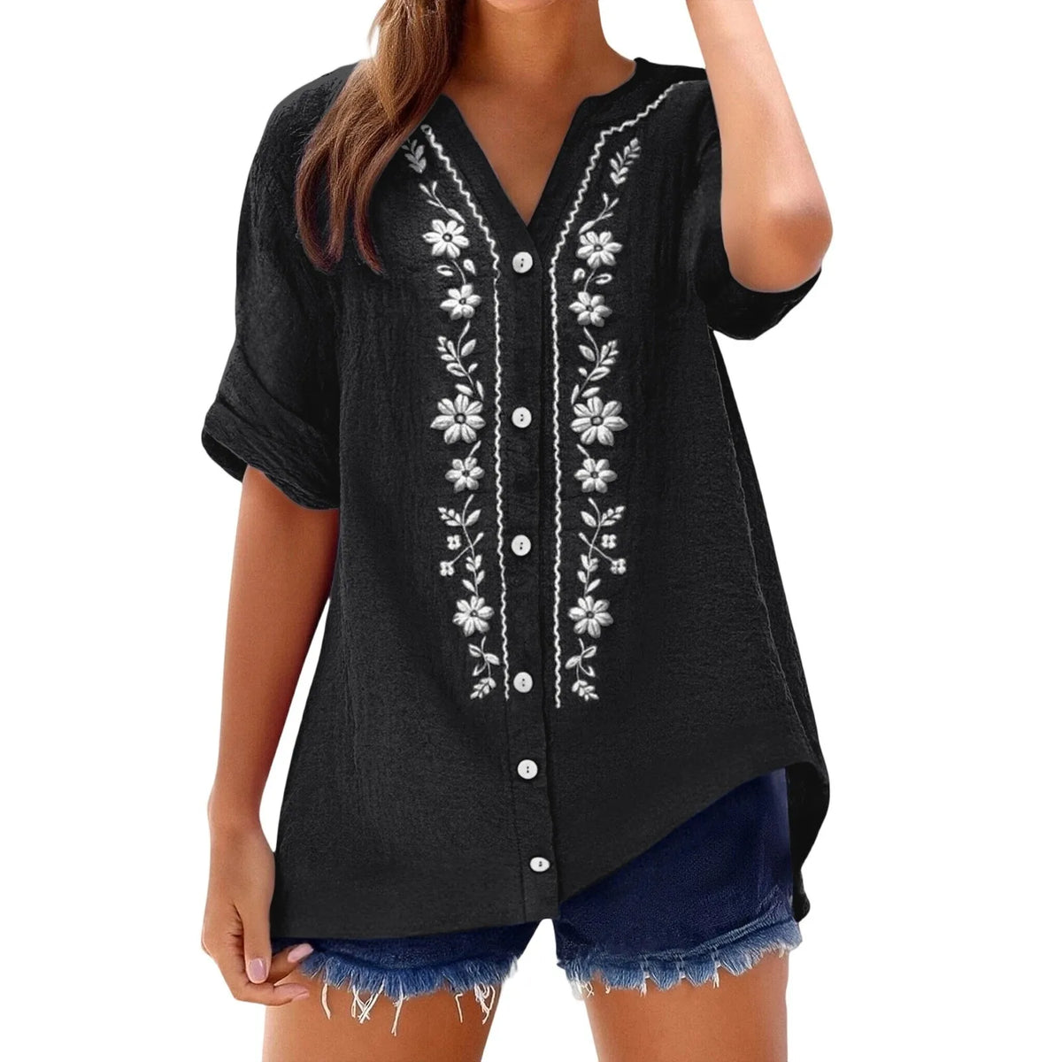 Womens V Neck Embroidered Linen Tunic Shirt Roll Up Sleeve Button Down Loose Fit Casual Boho Blouse Vintage Summer Beach Shirts
