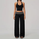 Women 2/3Piece Yoga Set Fitness Suit Gym Clothing Workout Tracksuit Sportswear Colorblock Halter Long Sleeve Top Wide Leg Pants