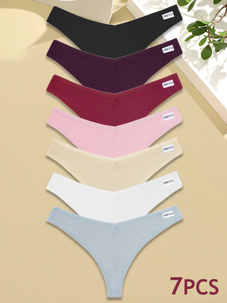 New 7Pcs Women Cotton Waffle Style G-string Panties Ladies Soft Thongs Female S-XL Low-Rise T-Back Panties Bikini Underwear 2024