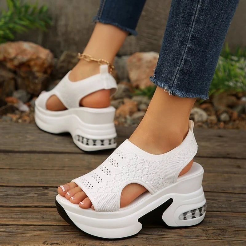 Air Mesh MicrofiberWedge Pumps Platform New Fashion Summer PeepWomen SandalWhite Black