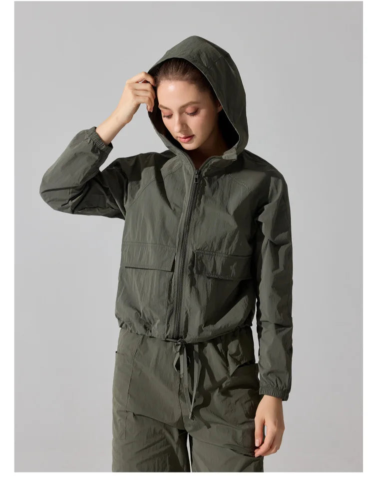 Outdoor Windproof Mountaineering Jacket Women Fashion Lightweight Sun Protection Sports Hooded Top Casual Loose Hiking Yoga Suit