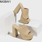 NASBAVI Summer Knitting Yarn Pleated Platform Rome Shallow Thick Bottom Peep Toe Thin Heels Women Sandals Slip-On Party Shoes
