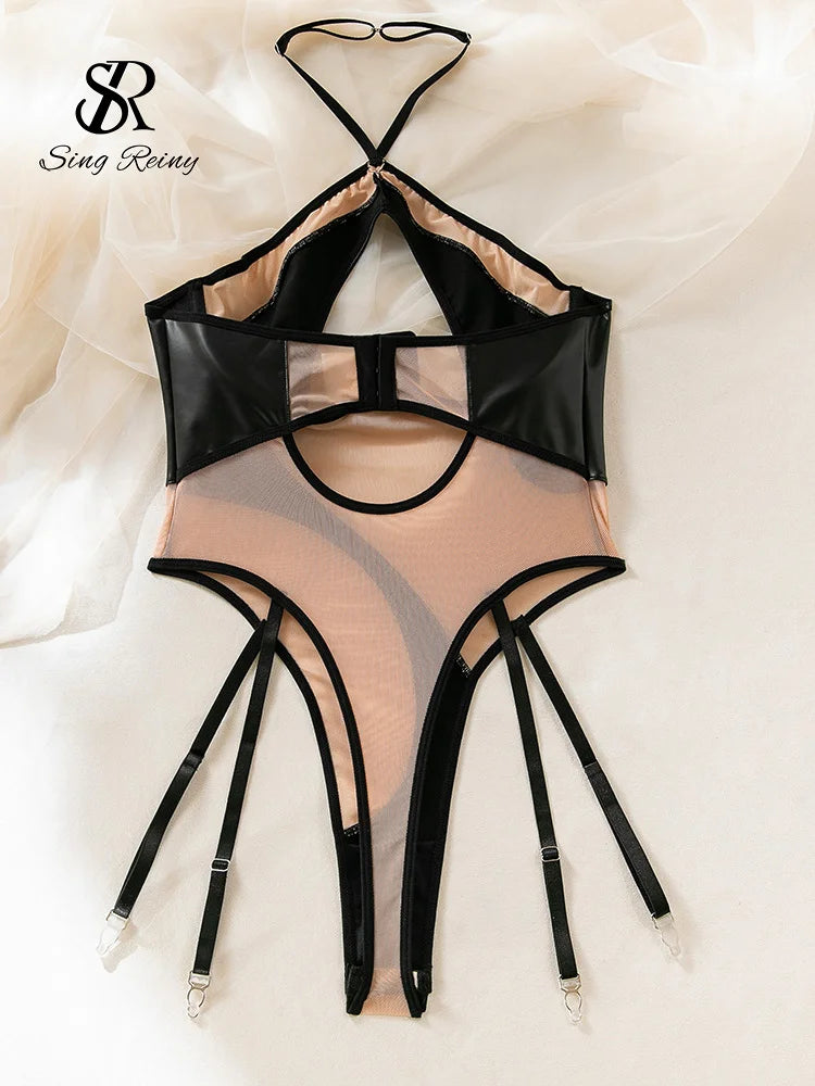 SINGREINYHalter PU Leather Sexy Bodysuits 2025 Streetwear Sensual Club Slim Lingerie Romper Hollow Out Sheer Mesh Playsuits