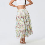 Early Fall Floral Print Ruffle Mesh Skirt Women Irregular Flowy A-line Midi Skirt for Travel, Beach, Shopping