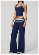 Women's 2 Piece Yoga Set Halter Neck Crop Top Fold Over Waist Wide Legged Flare Trousers Polka Dot Striped Gym Workout Running