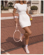 Retro Polka Dot Sports Tennis Dresses Women Quick Drying Round Neck Short Sleeve Back Hollow Cross Slim Yoga Golf Fitness Dress