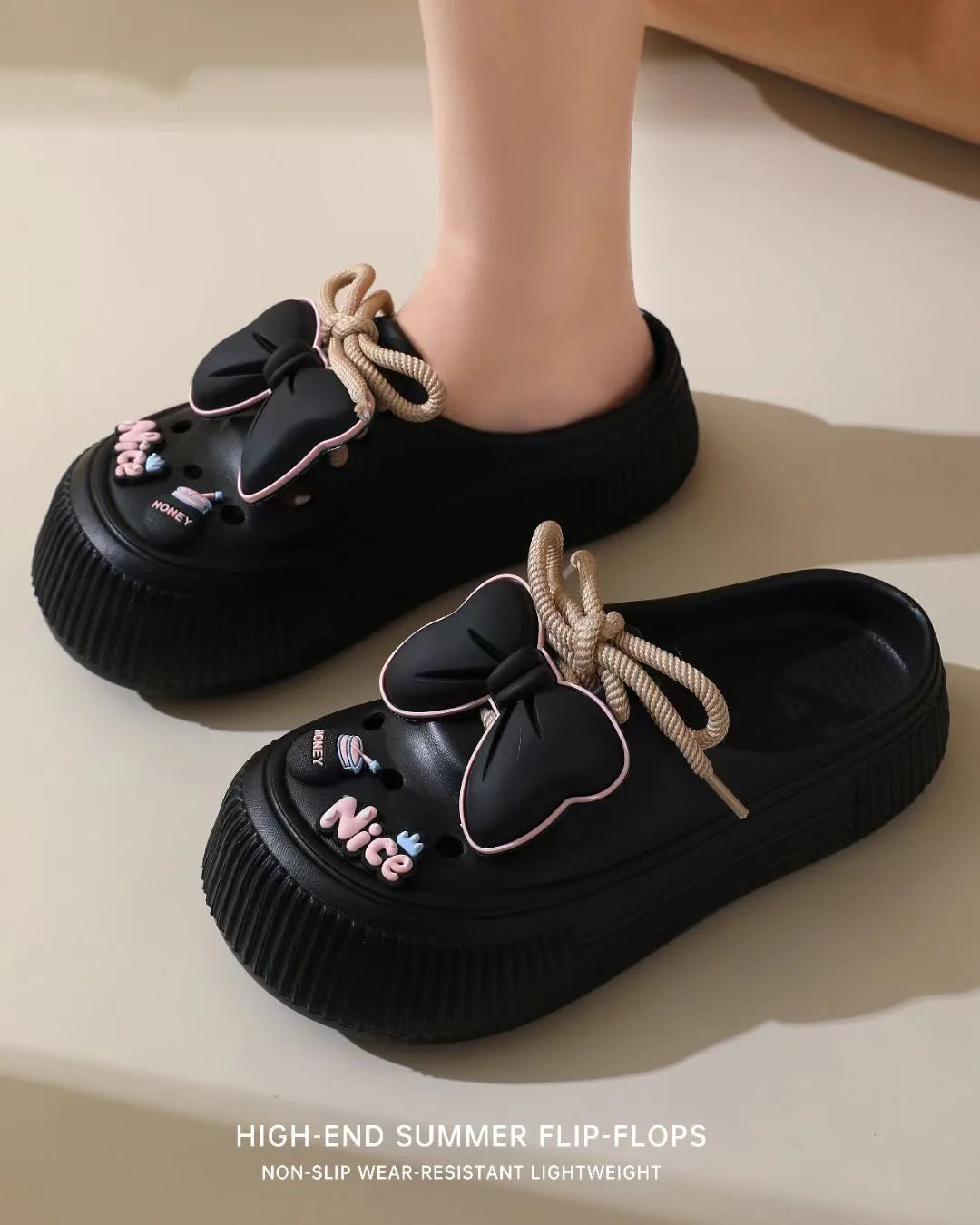 Women Fashion Clogs DIY Cute Bowknot Summer Platform Shoes Female Home Street Slippers Soft EVA Close Toe Girls Beach Sandals