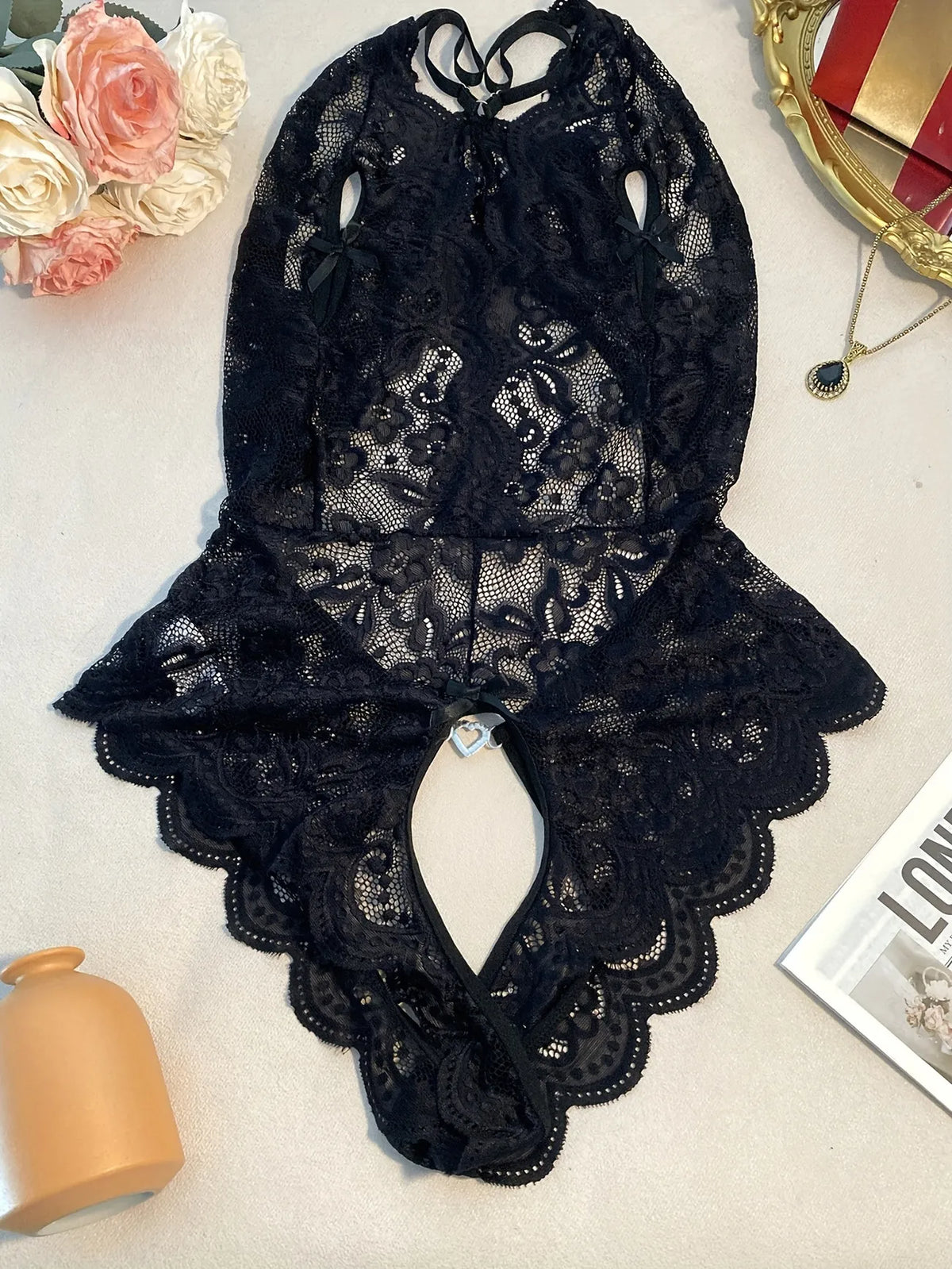 Sexy Lace Bodysuit Women Deep V Halter Teddy Lingerie Open Back Backless One Piece Sleepwear Transparent Floral Mesh Nightwear