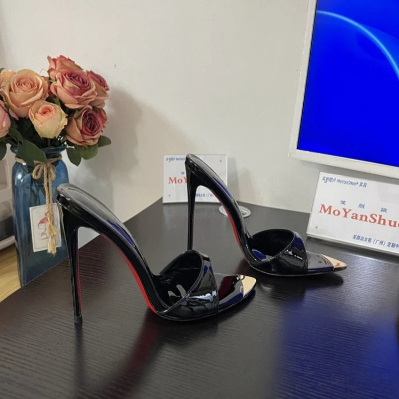 pointed Open Toe High Heel Shoes Woman Summer OutsideSlipper Party Stiletto Luxury Designer Patent Leather Women Sandals
