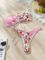 New Sexy Floral Print Bandeau Bikini 2024 Women Swimwear Female Swimsuit Two Pieces Thong Bikini Set Bather Tie Bathing Suit