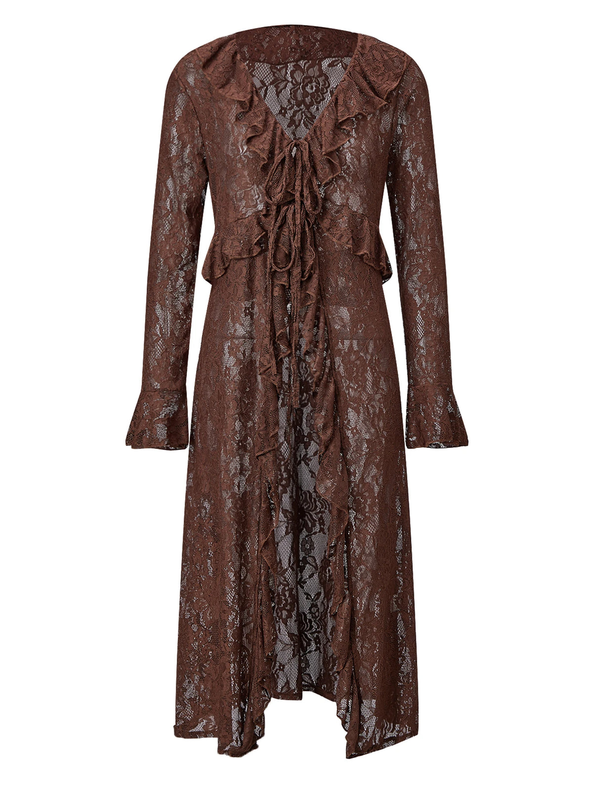 Women Casual Lightweight Floral Lace Ruffles Cover-ups Long Duster Summer Solid Color Tie Front Cardigan