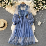 2 Pcs/Set Women Dress Suit Floral Embroidery See-through Lace Lantern Sleeves Pleated A-line Elastic Waist Dress Slip Dress Suit