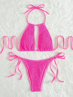 2025 Halter Tie Side Hollow Out Smocked Bikini Women Swimsuit Female Swimwear Two Pieces Bikini Set Swim Bathing Suit Beach Wear