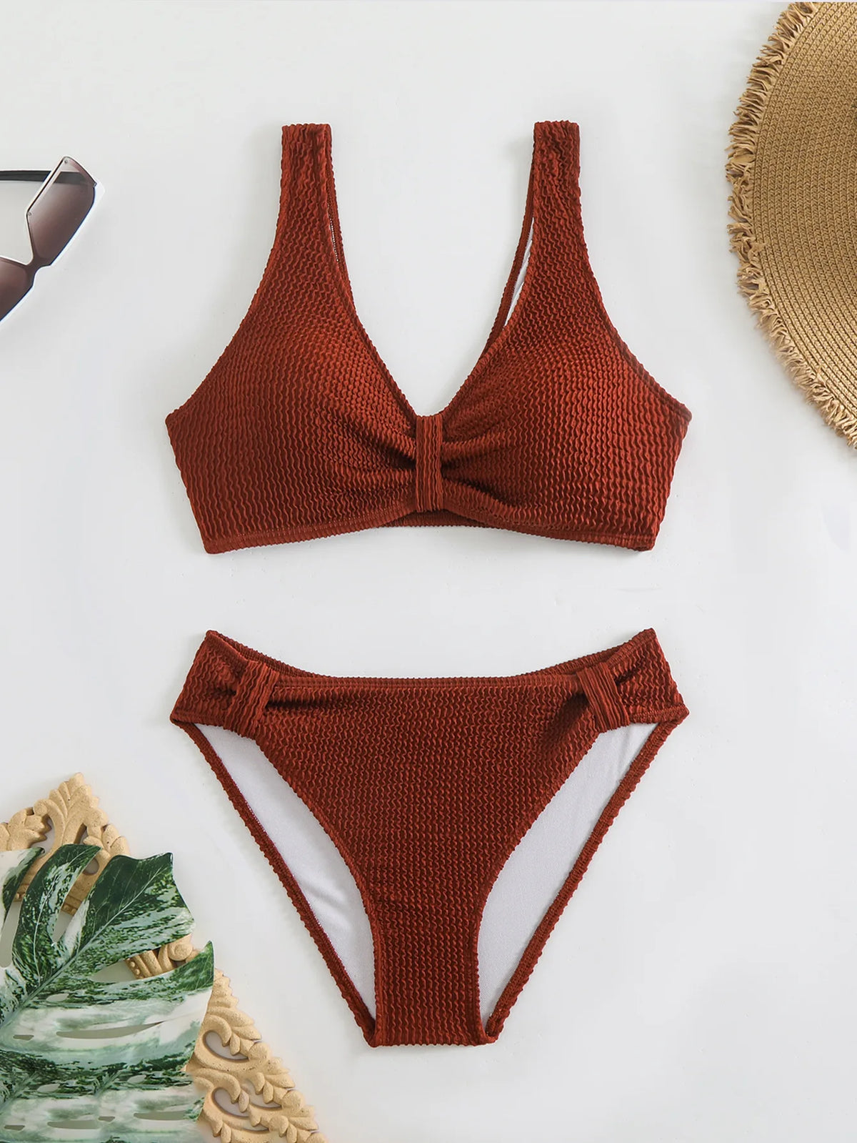 2026 Summer New Women's 2 Piece Swimsuit Solid Color High Waist Bikini Set V-neck Backless Beach Vacation Bathing Suit Swimwear