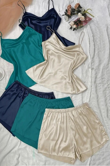 Large size pajamas, camisole shorts set, fashionable ice silk home clothes, women's simple simulated silk pajamas
