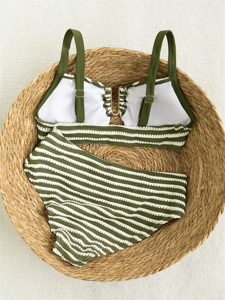 Sexy Black Striped Two Piece Bikini Set Women Metal U Neck Push Up Bra Belt High Waist Swimsuit Beach Bathing Suit Swimwear 2026