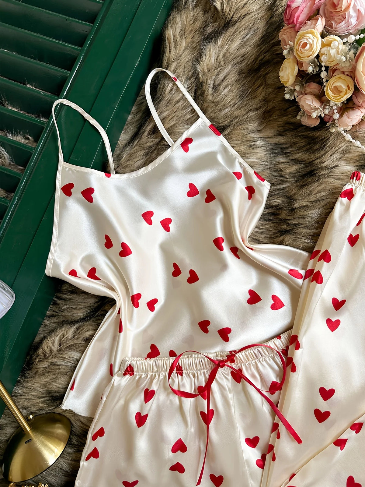 3 Pcs Women Satin Pajama Set Heart Print Round Neck Top with Pants and Shorts Sleepwear Suit Elegant Ladies Homewear