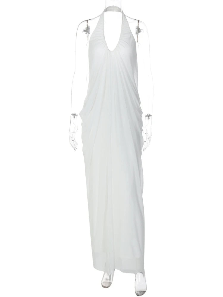 FDYOUI 2026 Summer Backless Ruched White Long Maxi Dress for Woman Elegant Sexy Halter Sleeveless Loose Evening Party Dresses