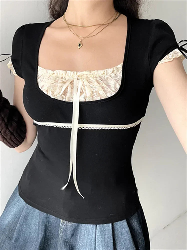 Women Summer T-shirt Lace Patchwork Square neck Short Sleeve Tee Tops Casual Retro Kawaii Y2K Aesthetic Shirts