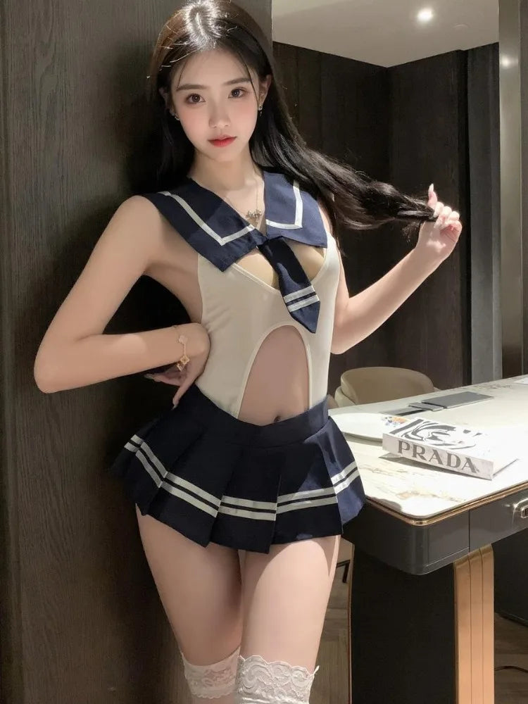 Sexy Japanese JK Uniform Lingerie Set Women's Fitted White Shirt Plaid Pleated Skirt Cosplay Schoolgirl Costume Role Play Outfit