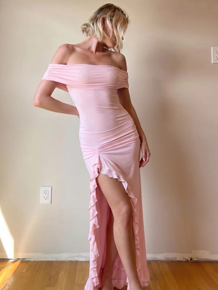 FDYOUI Elegant Slash Neck Ruffles High Slit Long Party Dresses for Women 2026 Summer Sleeveless Bodycon Evening Dress Lady Gowns