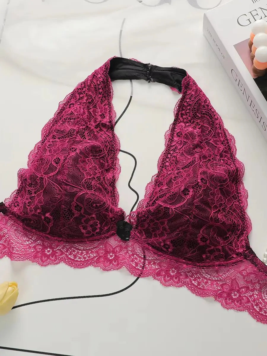 Women Floral Lace Halter Bralette Wireless Deep V Plunge Bow Decor Backless Bra Hollow Out Breathable Sexy Daily Lingerie A563