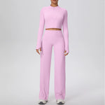 2 Pcs Women's Seamless Yoga Set Long-sleeved Wide-leg Pants Tracksuit Fitness Sports Set High-waisted Hip-lifting Slim-fit Suit