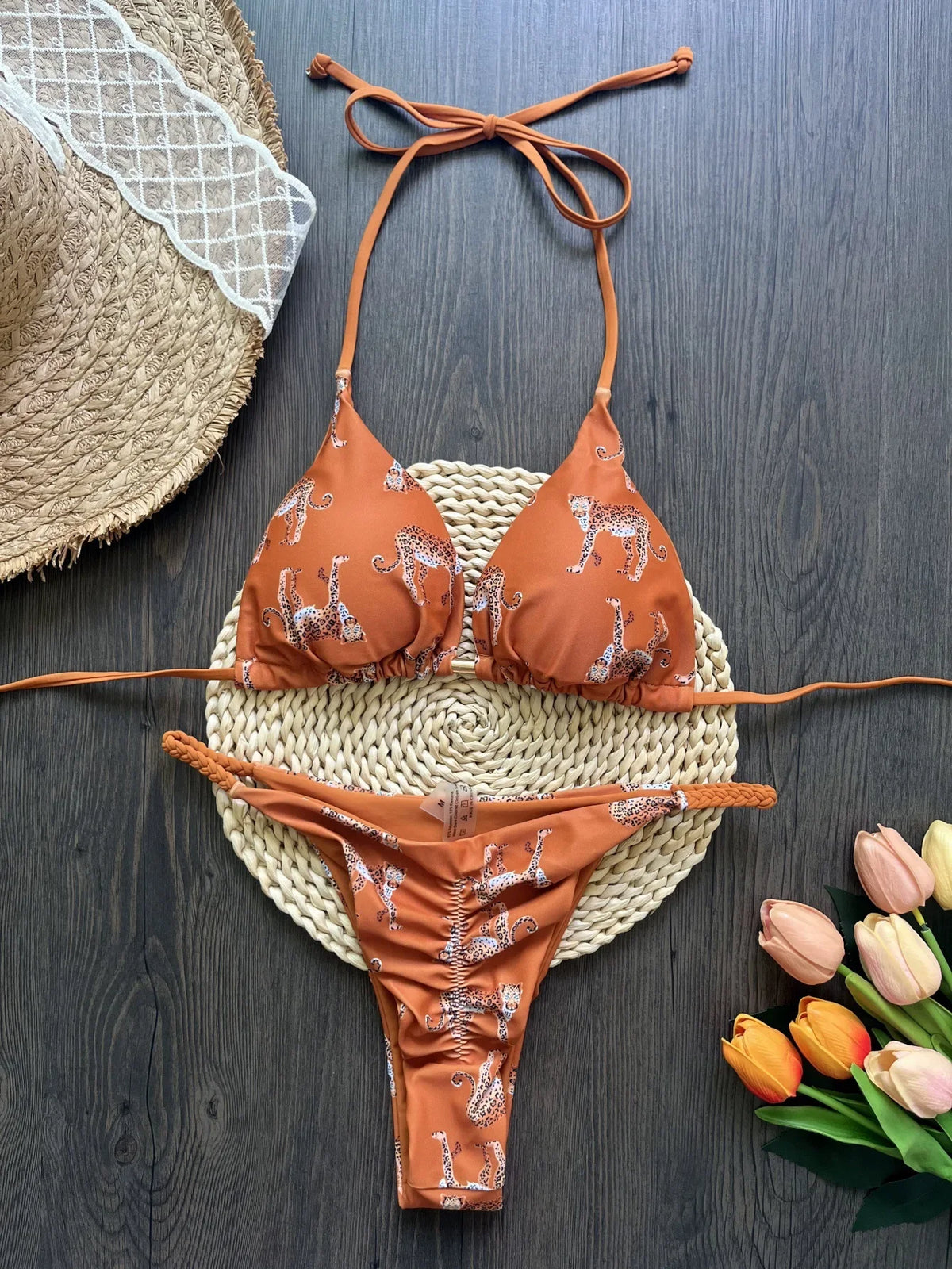 Leopard Halter Scrunch Butt Micro Thong Bikini Women Swimwear Female Swimsuit Two-pieces Bikini Set Bather Bathing Suit Swim