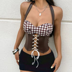 Summer Red White Plaid Corset Women Hanging Neck Bandage Cross Slim Fishbone Tank Top Retro Sleeveless Y2K Club Party Camisole