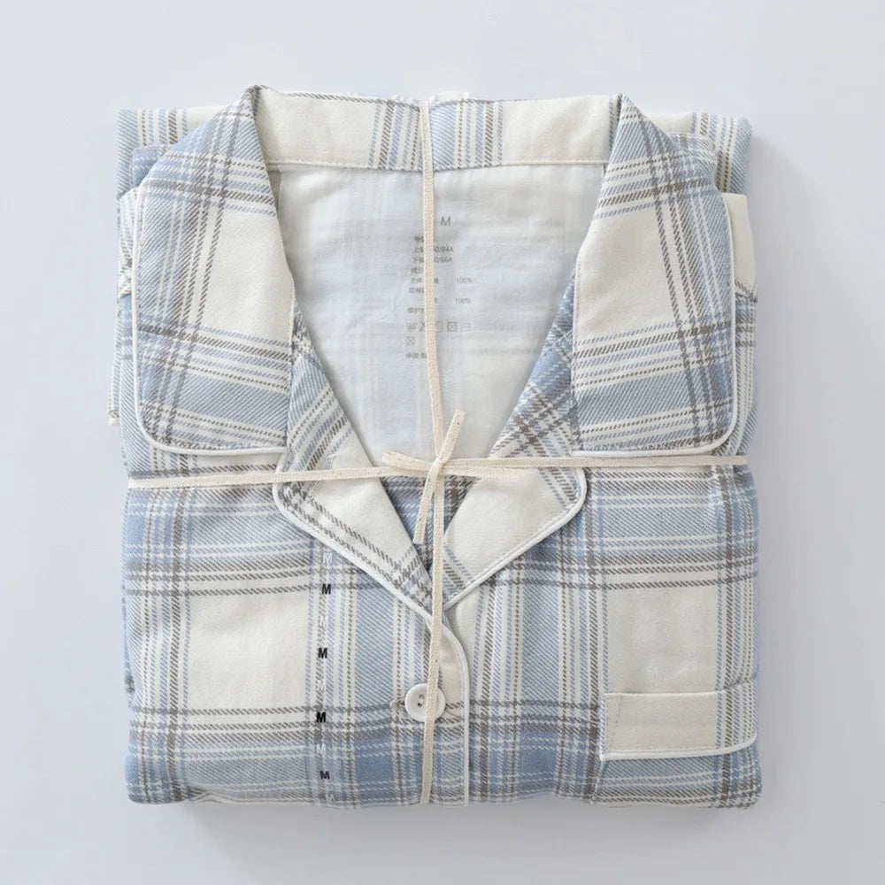 Men Brushed Cotton Vintage Plaid Stripe Pajama Set Lapel Collar Long Sleeve Top Pants Home Sleepwear Loungewear