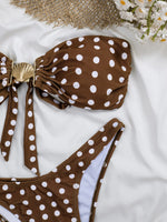 Sexy Coffee Polka Dot Print Bikini Set Women Bandeau Metal Shell Buckle Push Up Cover Up 3 Piece Swimsuit Bathing Suit Swimwear