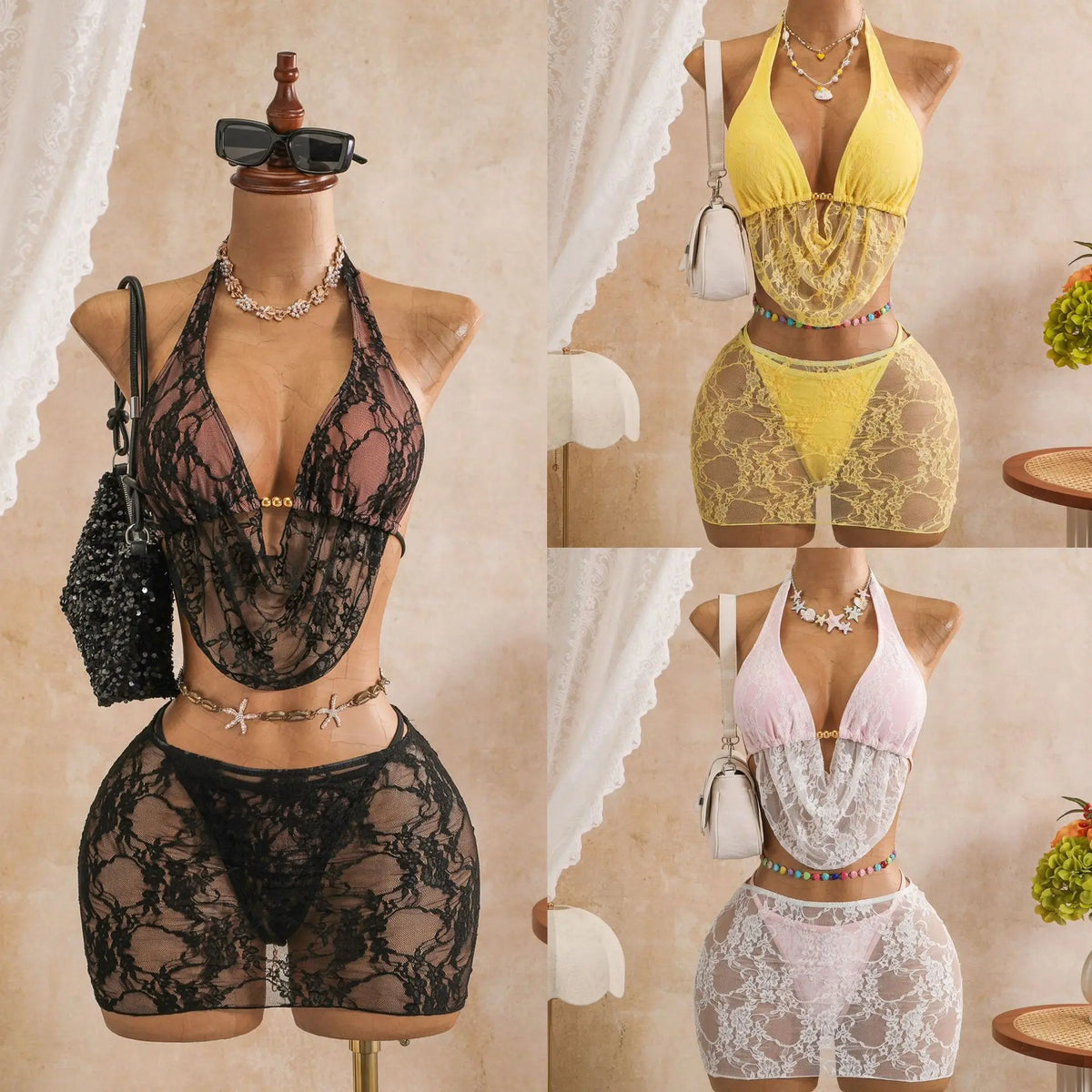 Sexy Black Mesh Shorts 3 Piece Bikinis Sets2026 Women Pearls Push Up Tassel Bra Swimsuit Beach Holiday Bathing Suit Swimwear