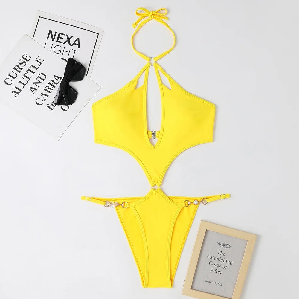 Solid Color One Piece Swimsuit Women 2026 Sexy Hollow Out Pearl Chain Bikini Halter Backless Thong Swimwear Beach Bathing Suit