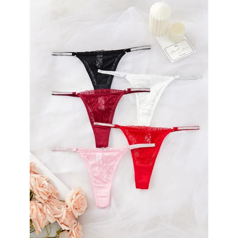 New Women Lace Trim Thong Panties Silver Ribbon Panel Low Rise Sexy G-string Breathable Stretch Skin Friendly Intimate Underwear