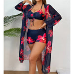 S - XL Long Sleeve Cover Up Flowers Bikini Female Swimsuit Three-Pieces Bikini Set Women Swimwear Bather Bathing Suit Swim V7232