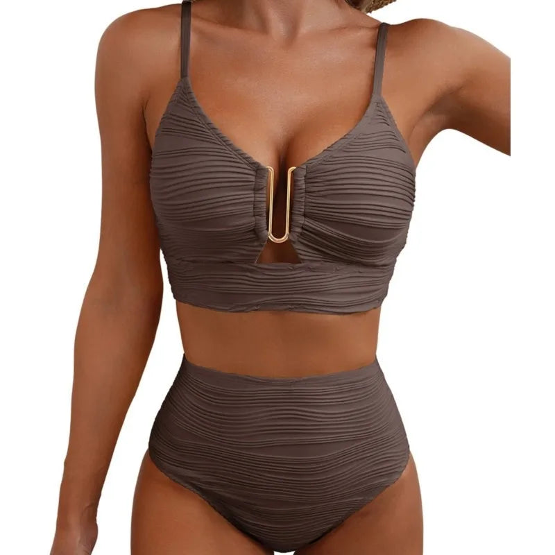 Women's New Swimsuit Bikini Set Fashion Sexy V-neck Hollow Swimsuit High Waist Textured Ruffled Swimsuit Women's Bikini Women