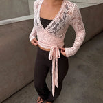 FDYOUI Women's V-neck Long Sleeve Lace T-shirt 2026 Ladies Chic Bandage Lace Tee Shirts Pink Streetwear Girls Slim Crop Tops