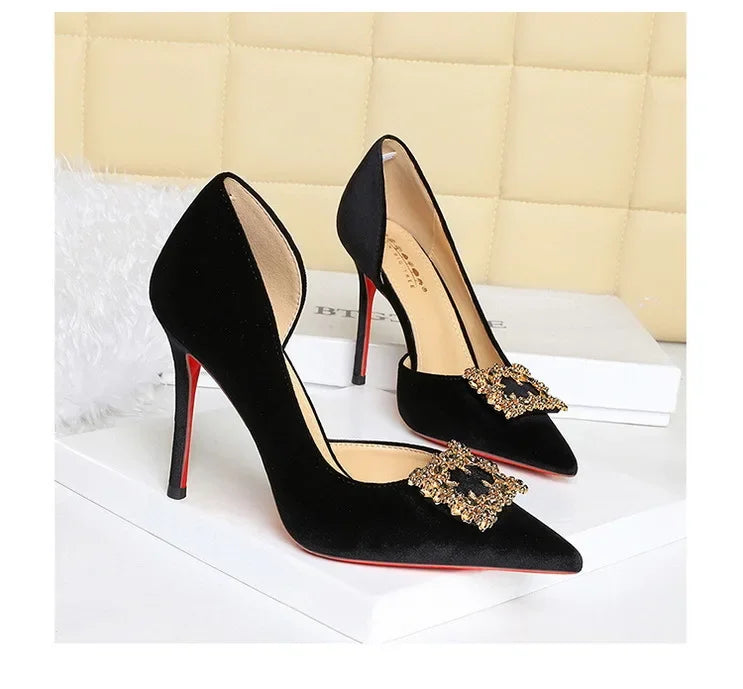 Women 10cm Super High Heels Pointed Toe Side Hollow Work Pumps Metal Crystal Buckle Velvet Stiletto Fashion Banquet Lady Shoes