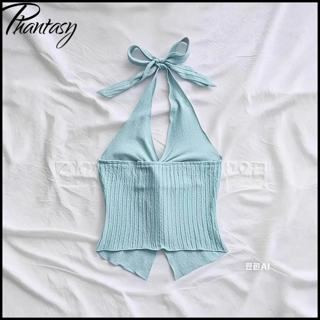 Sweet Bow-Tie Neckline Halter Topfor Women Hot Girl Solid-Color Cropped Knit Tank Top Summer Beach Outfit Female Clothes