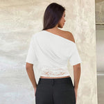 FDYOUI Sexy Chic Diagonal Collar Lace Patchwork T-shirts 2026 Women Short Sleeve Irregular Cropped T Shirt Lady Tunics Tops Tees