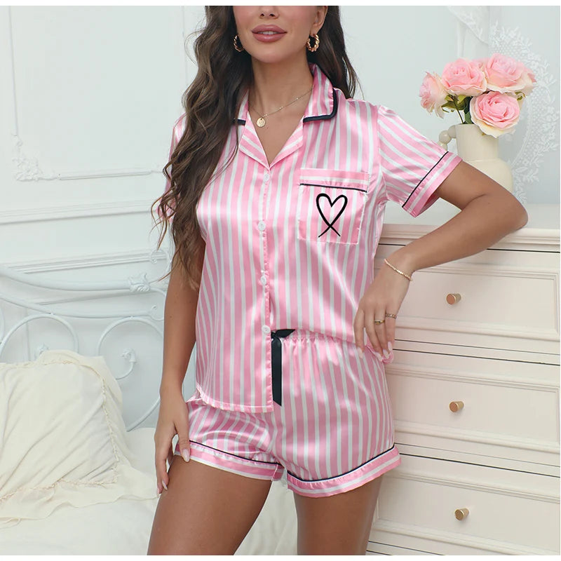 Ladies' Summer Striped Embroidered Love Victoria Style Pajama Set Short Sleeve Top Short Pants CasualTwo Piece Home Clothing