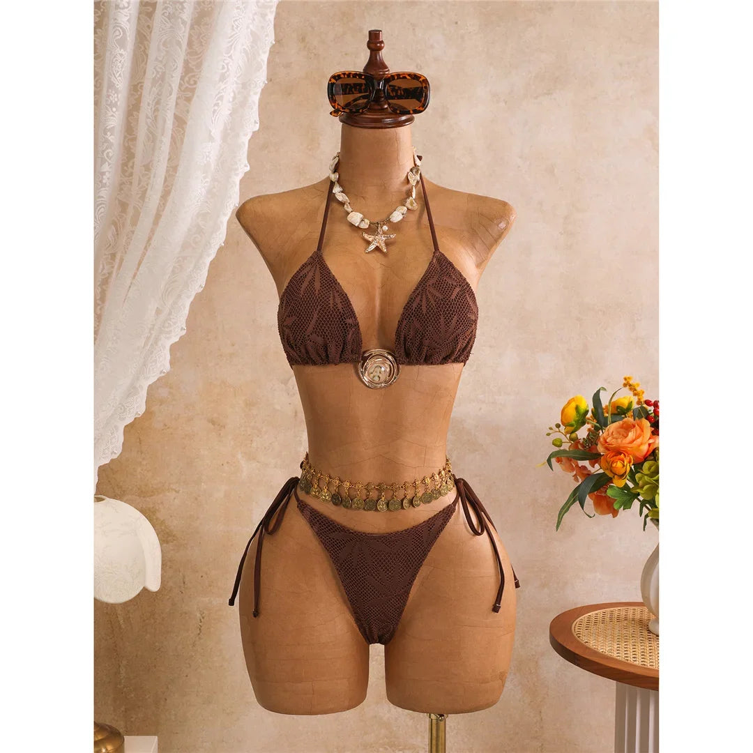New Leaves Printed Halter Bikini Suit Female Swimsuit Women Swimwear Bather Bathing Suit Swim Three-Pieces Bikini Set