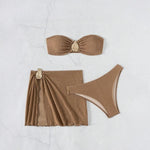 New 3 Pieces Push Up Bandeau Thong Bikini Set Swimsuit Women Brown Swimwear with Sarong Skirts Beach Wear Summer Bathing Suit