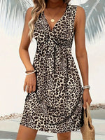 Summer Style Leopard Print Mini Dress Women Fashion Vacation Elegant Vintage V-neck Sleeveless Vestidos Nightclub Party Dresses