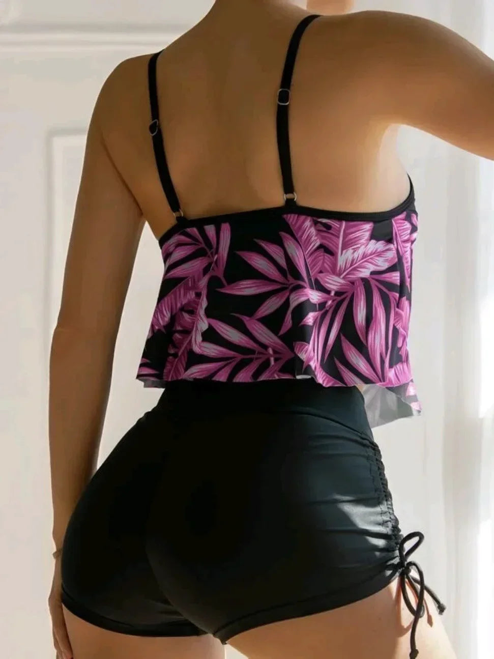 New Green Orange Ruffle Tankini Sets Swimwear High Waist Women Two Pieces Swimsuit Summer Drawstring Sporty Shorts Bathing Suits
