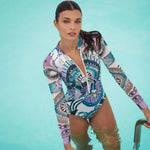 2026 New Sexy Print One Piece Swimsuit Women Swimwear Monokini Long Sleeve Bathing Suit Female Bodysuit Surfing Swim Wear Beach