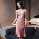 Sexy Silk Nightgowns Lace Satin Nightdress New Summer Women Home Strap Sleepwear Lingerie Long Sleeping Dress