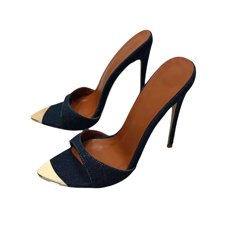 Denim Women Slippers Metal Decoration Pointed Toe Mules Shoes Women Super-high Heel Gladiator Sandals Sexy Luxury Women's Shoes